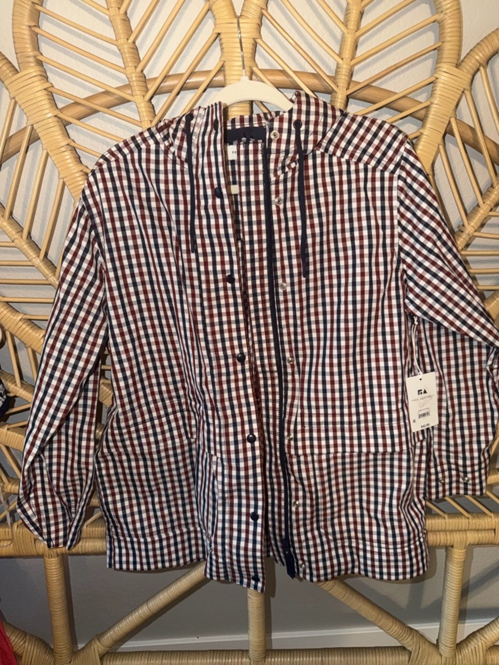Men's Hooded Gingham Raincoat in Navy, Red & White